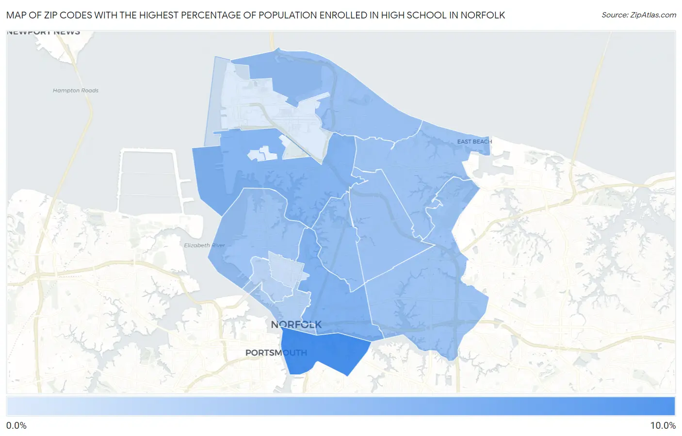 Zip Codes with the Highest Percentage of Population Enrolled in High School in Norfolk Map