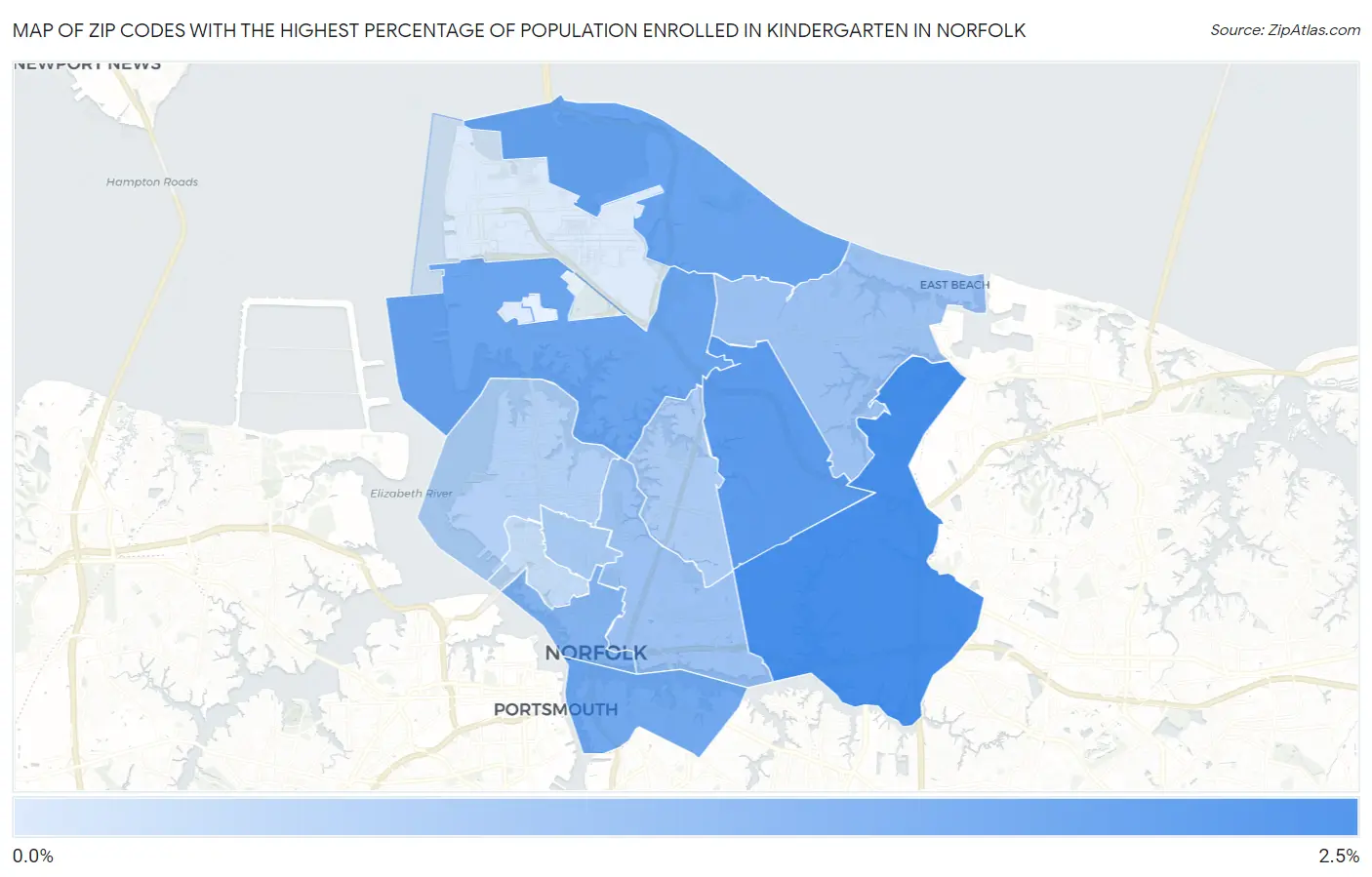 Zip Codes with the Highest Percentage of Population Enrolled in Kindergarten in Norfolk Map