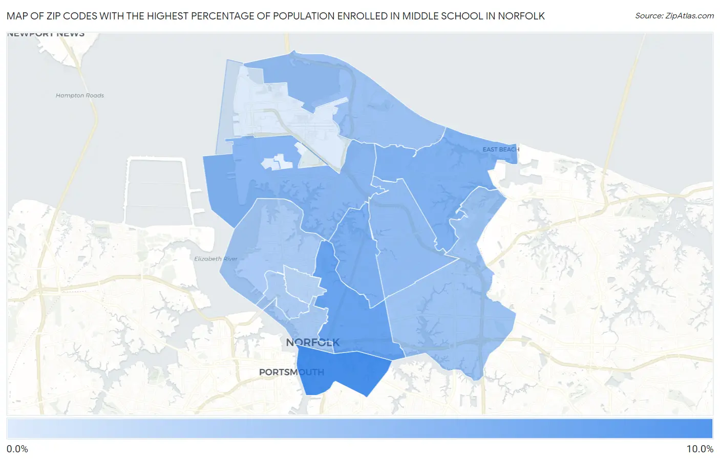 Zip Codes with the Highest Percentage of Population Enrolled in Middle School in Norfolk Map