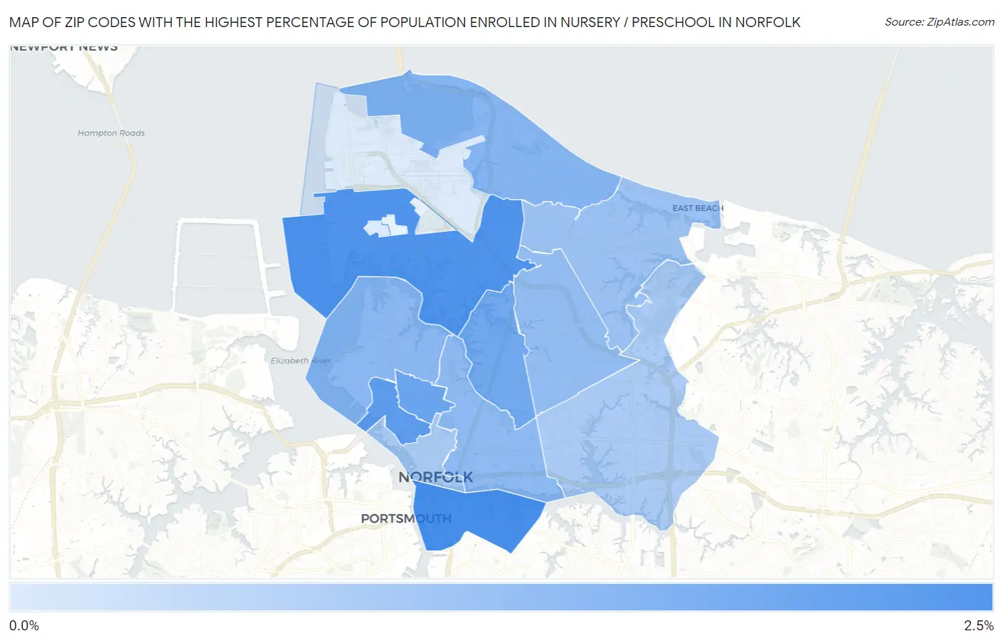 Zip Codes with the Highest Percentage of Population Enrolled in Nursery / Preschool in Norfolk Map
