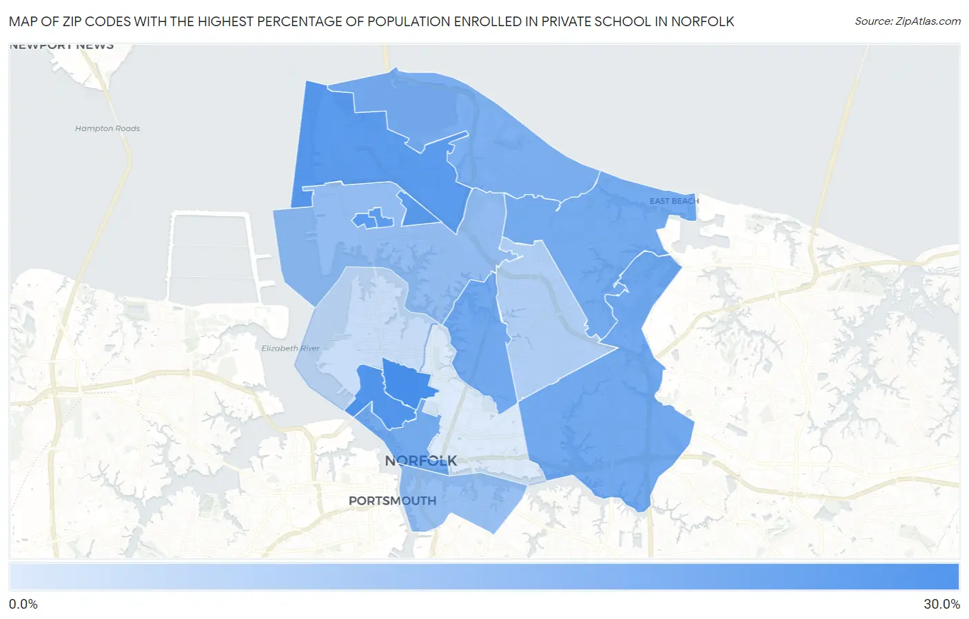 Zip Codes with the Highest Percentage of Population Enrolled in Private School in Norfolk Map