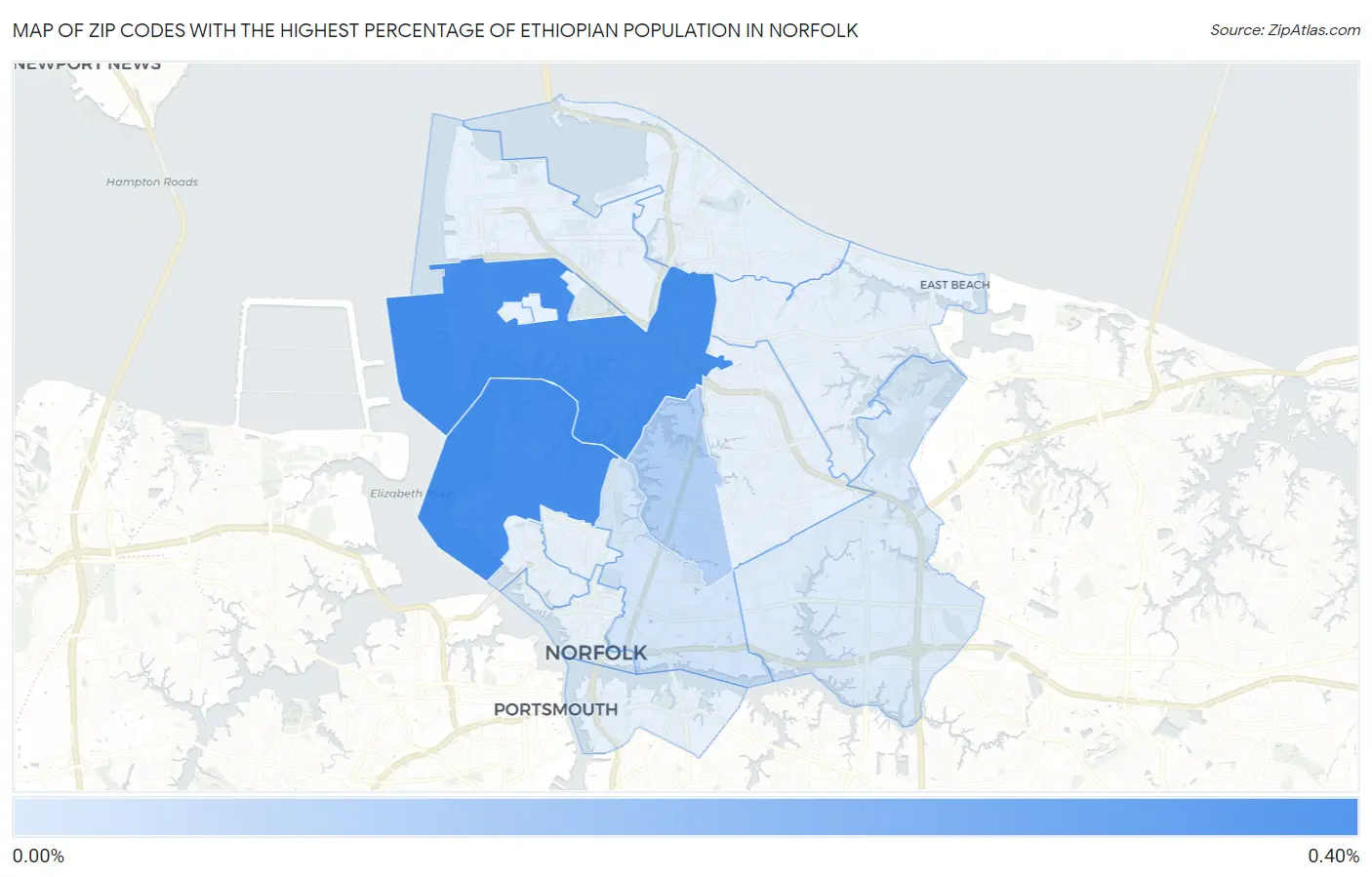 Zip Codes with the Highest Percentage of Ethiopian Population in Norfolk Map
