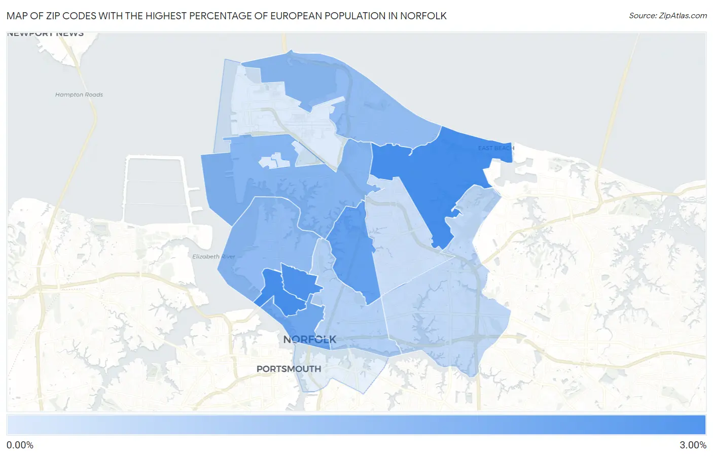 Zip Codes with the Highest Percentage of European Population in Norfolk Map