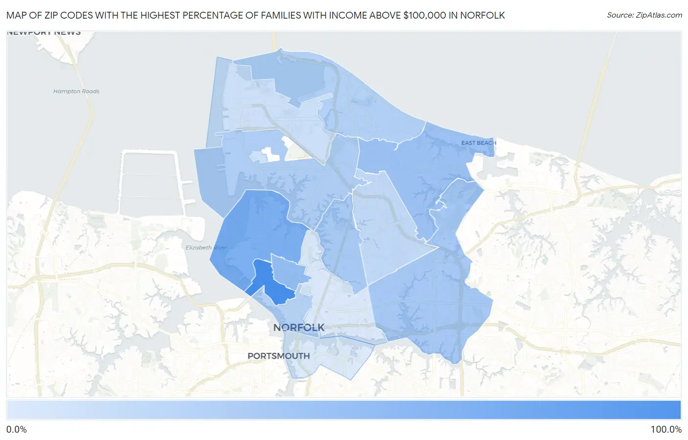 Zip Codes with the Highest Percentage of Families with Income Above $100,000 in Norfolk Map