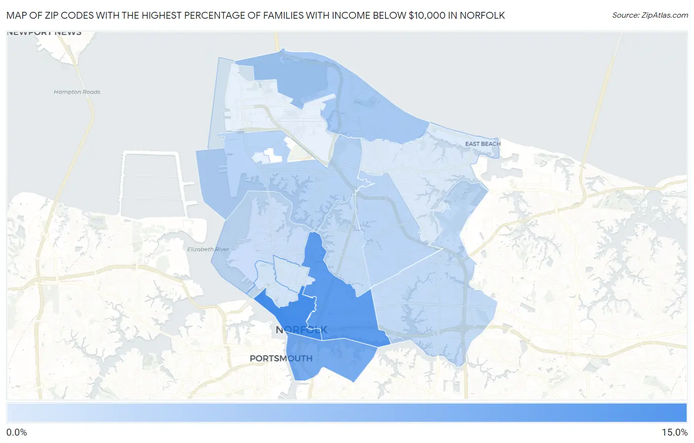 Zip Codes with the Highest Percentage of Families with Income Below $10,000 in Norfolk Map