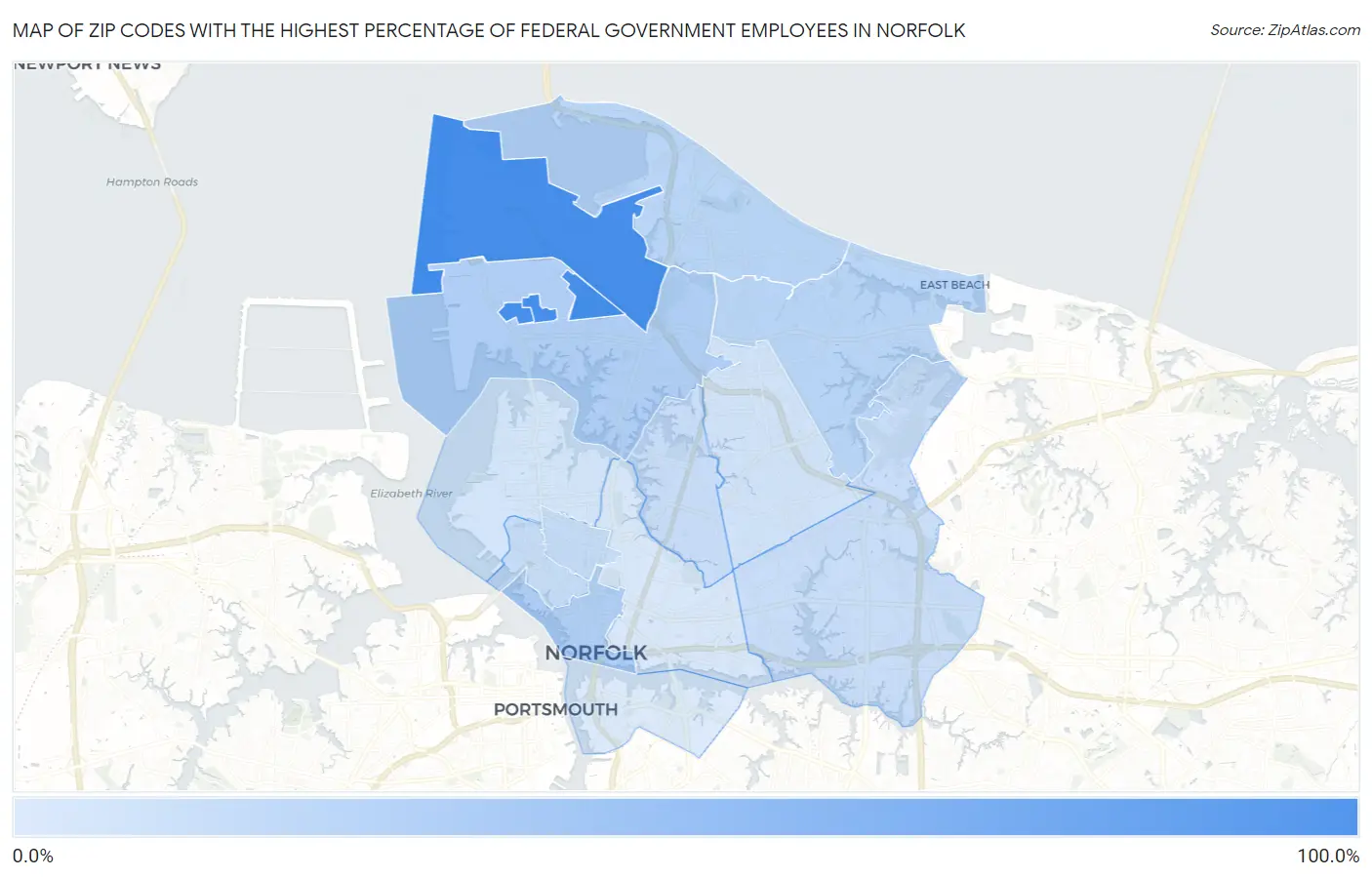 Zip Codes with the Highest Percentage of Federal Government Employees in Norfolk Map