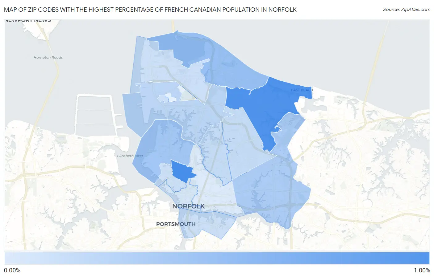 Zip Codes with the Highest Percentage of French Canadian Population in Norfolk Map