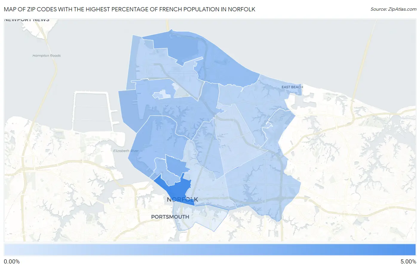 Zip Codes with the Highest Percentage of French Population in Norfolk Map