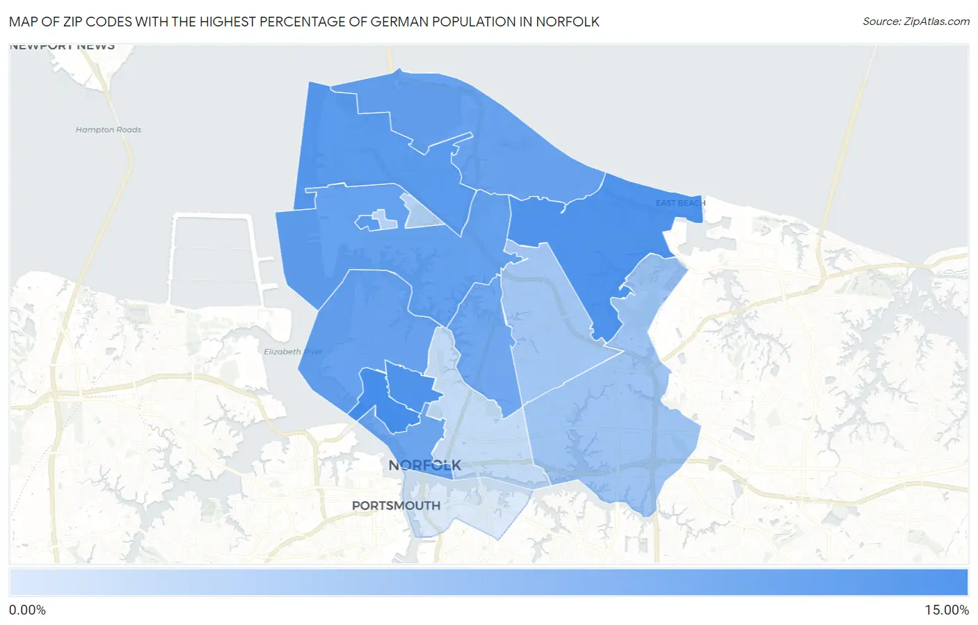 Zip Codes with the Highest Percentage of German Population in Norfolk Map