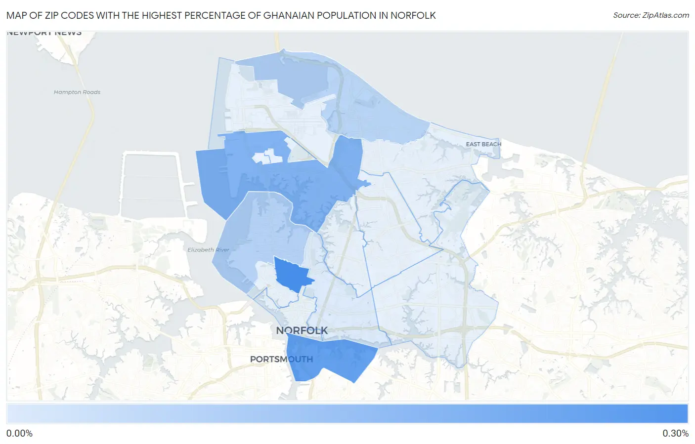 Zip Codes with the Highest Percentage of Ghanaian Population in Norfolk Map