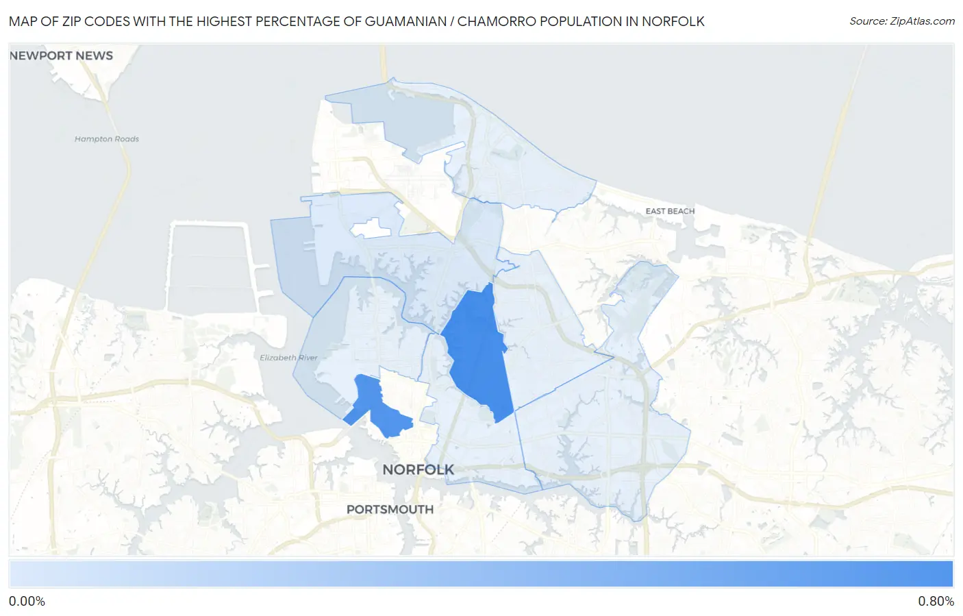 Zip Codes with the Highest Percentage of Guamanian / Chamorro Population in Norfolk Map