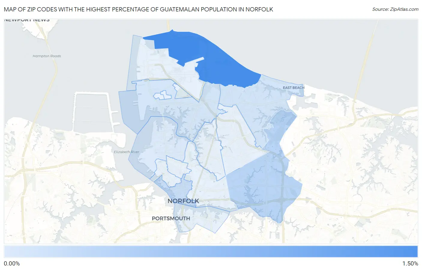 Zip Codes with the Highest Percentage of Guatemalan Population in Norfolk Map