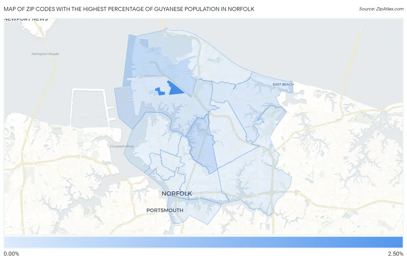 Zip Codes with the Highest Percentage of Guyanese Population in Norfolk Map