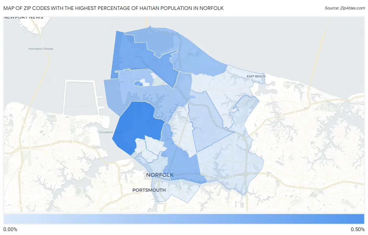 Zip Codes with the Highest Percentage of Haitian Population in Norfolk Map