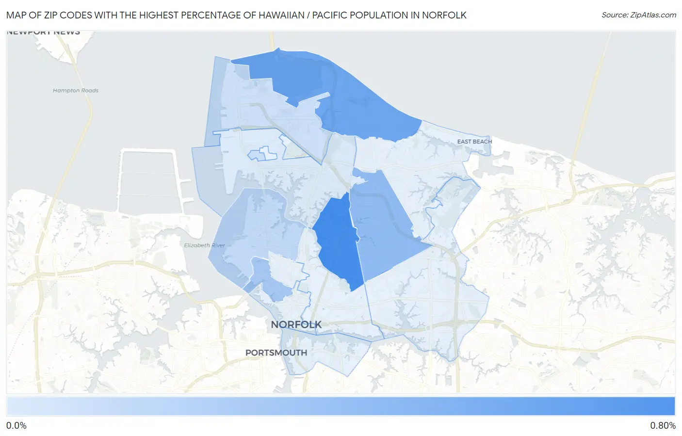Zip Codes with the Highest Percentage of Hawaiian / Pacific Population in Norfolk Map