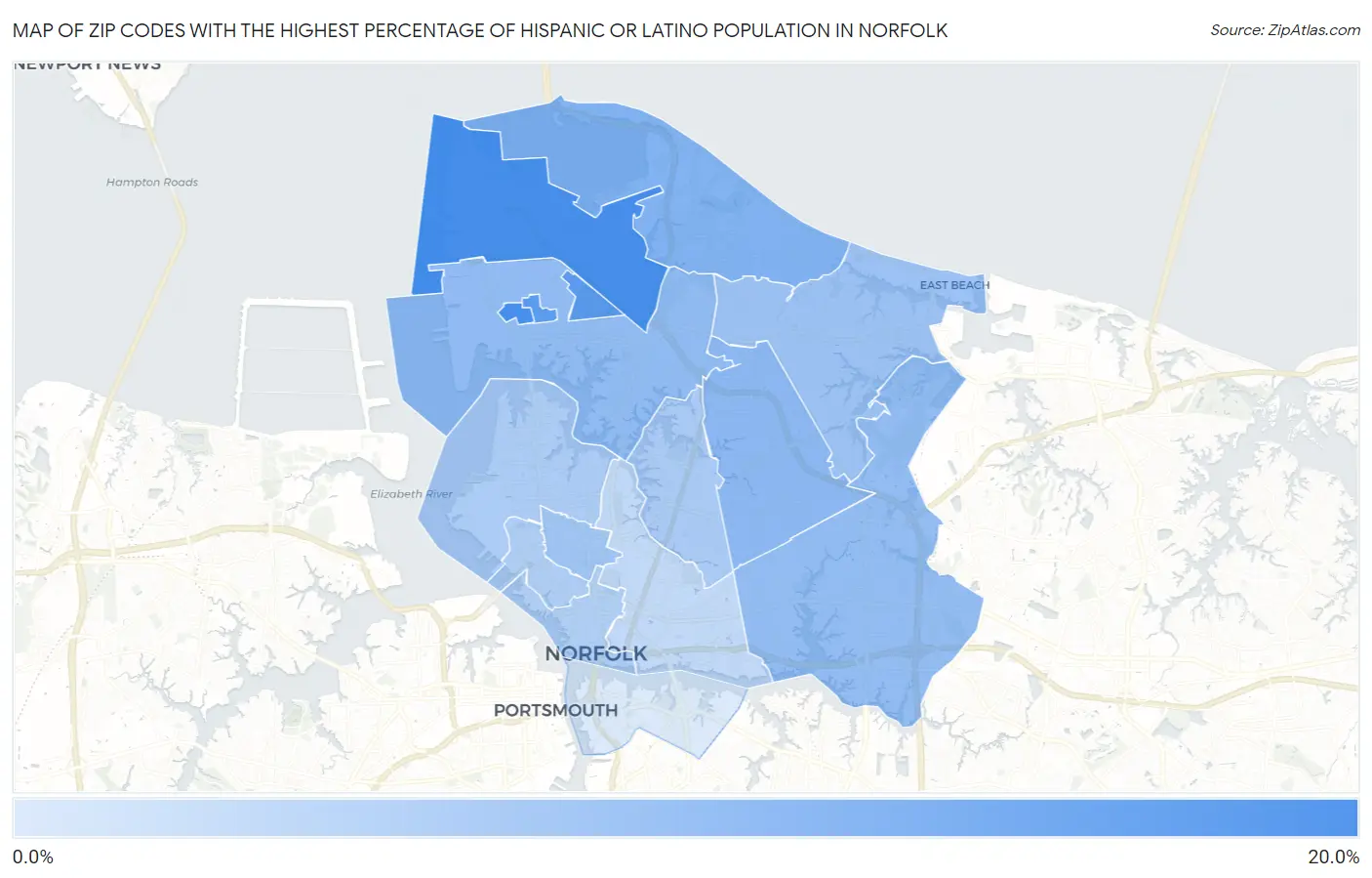 Zip Codes with the Highest Percentage of Hispanic or Latino Population in Norfolk Map
