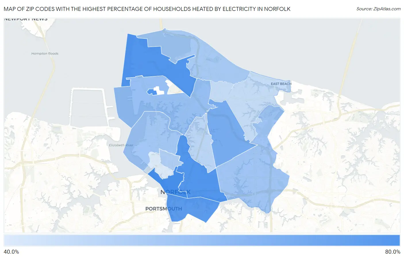 Zip Codes with the Highest Percentage of Households Heated by Electricity in Norfolk Map