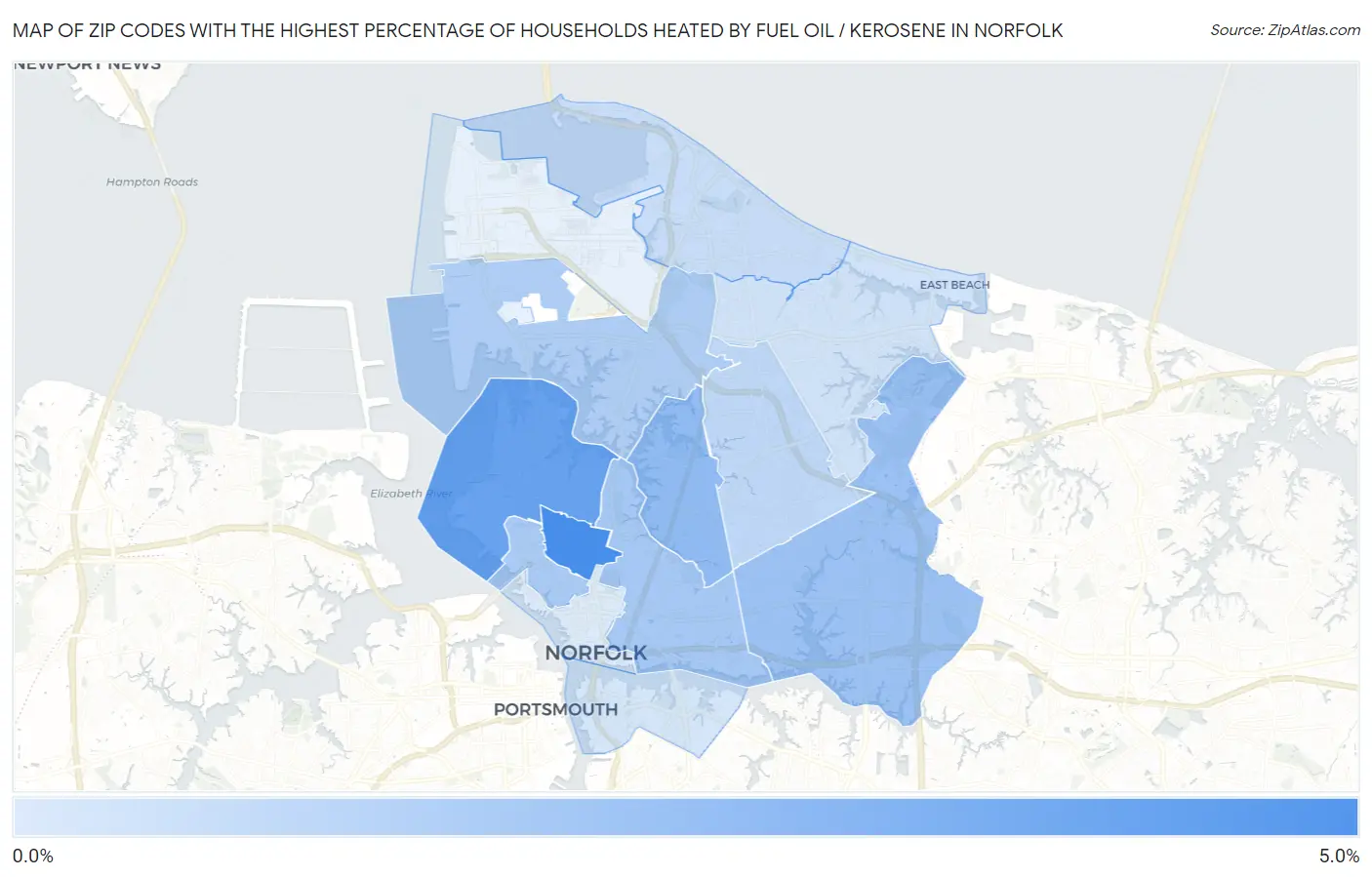 Zip Codes with the Highest Percentage of Households Heated by Fuel Oil / Kerosene in Norfolk Map