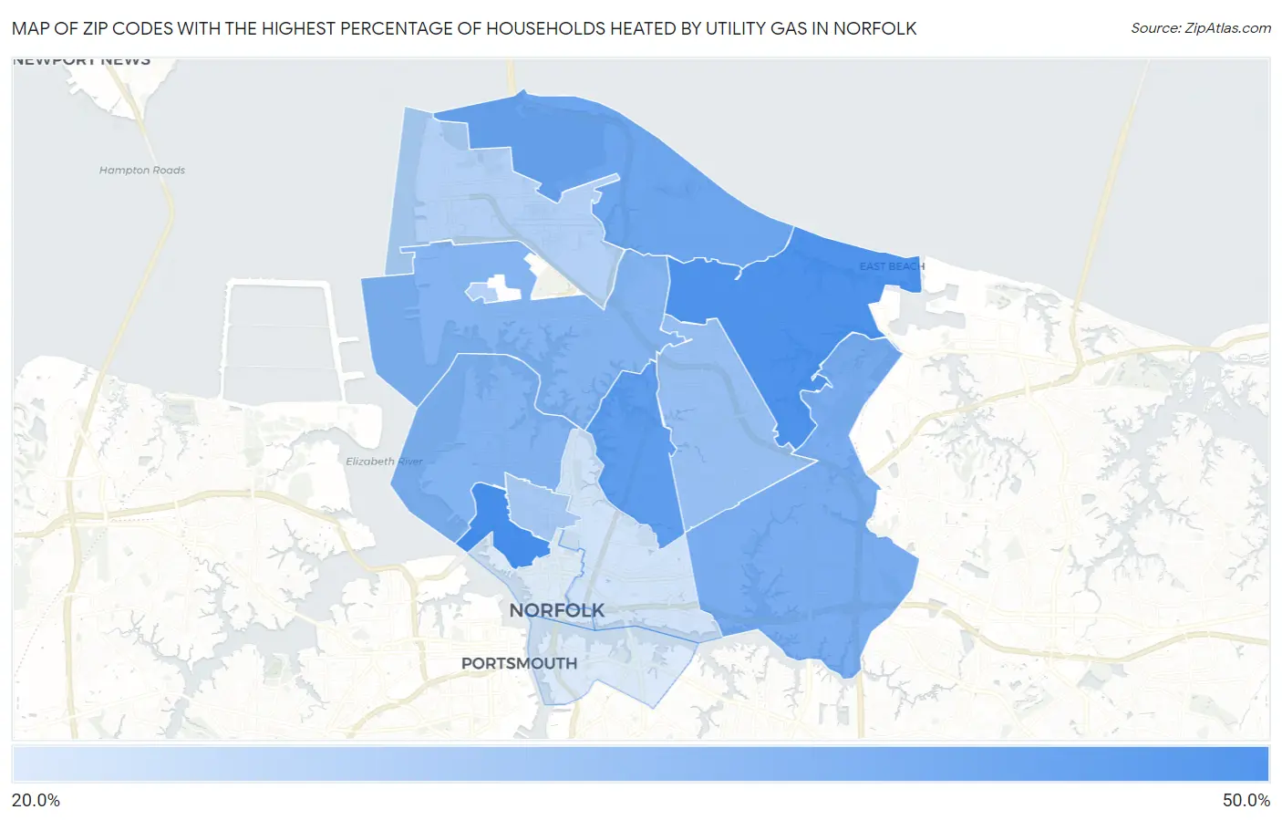 Zip Codes with the Highest Percentage of Households Heated by Utility Gas in Norfolk Map