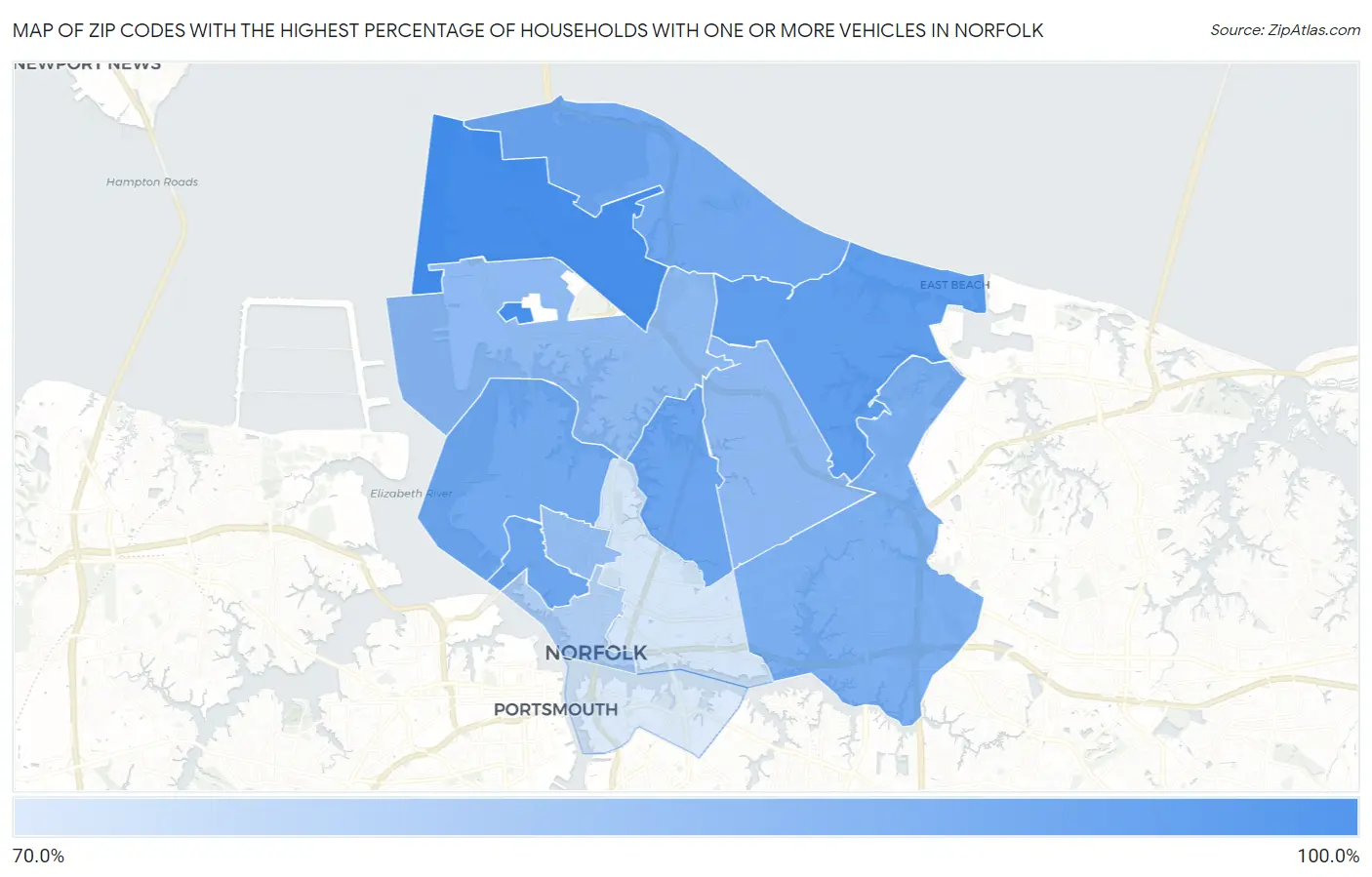 Zip Codes with the Highest Percentage of Households With One or more Vehicles in Norfolk Map