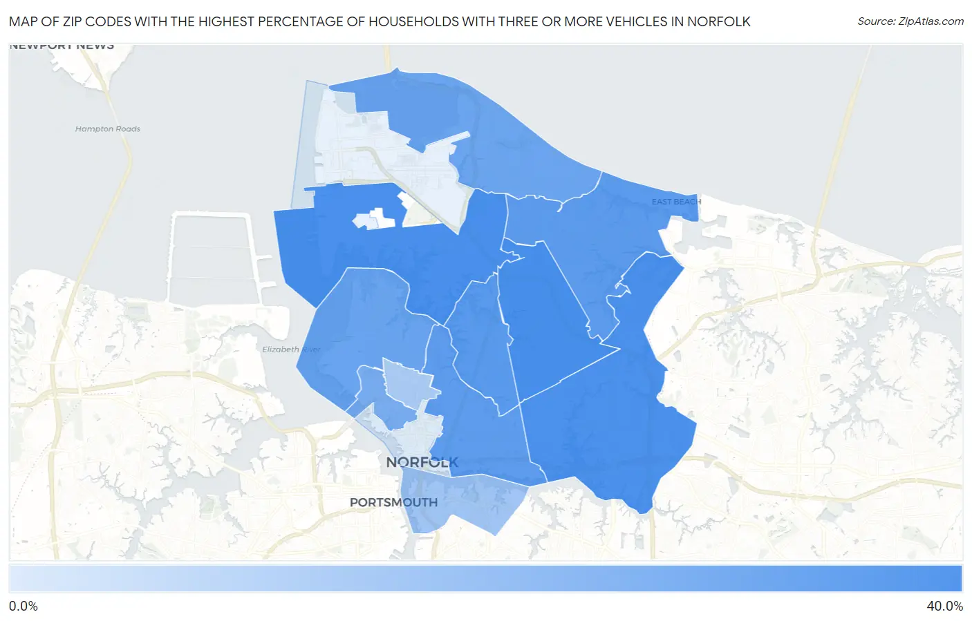 Zip Codes with the Highest Percentage of Households With Three or more Vehicles in Norfolk Map