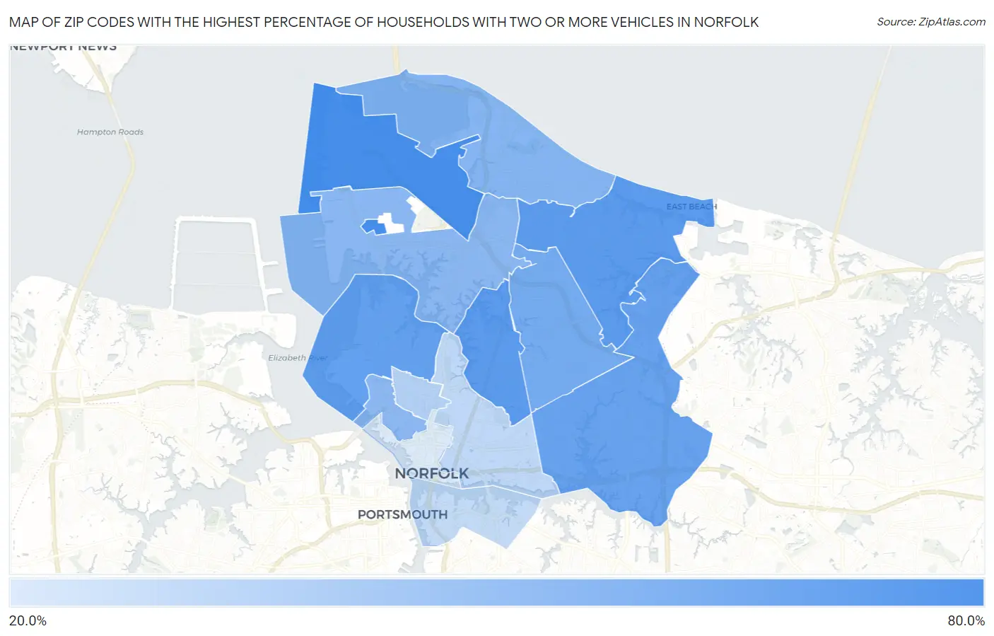 Zip Codes with the Highest Percentage of Households With Two or more Vehicles in Norfolk Map