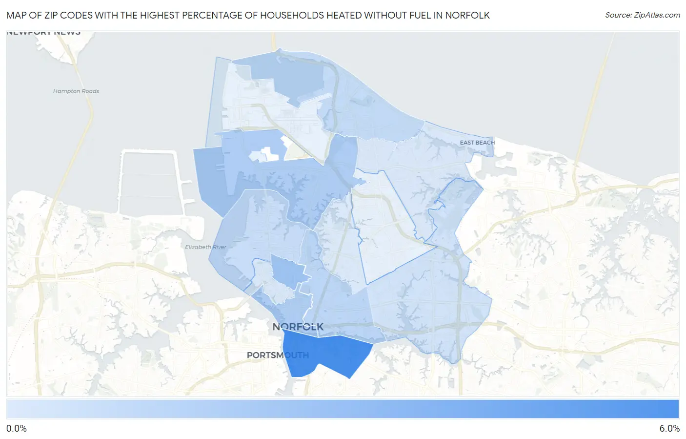 Zip Codes with the Highest Percentage of Households Heated without Fuel in Norfolk Map
