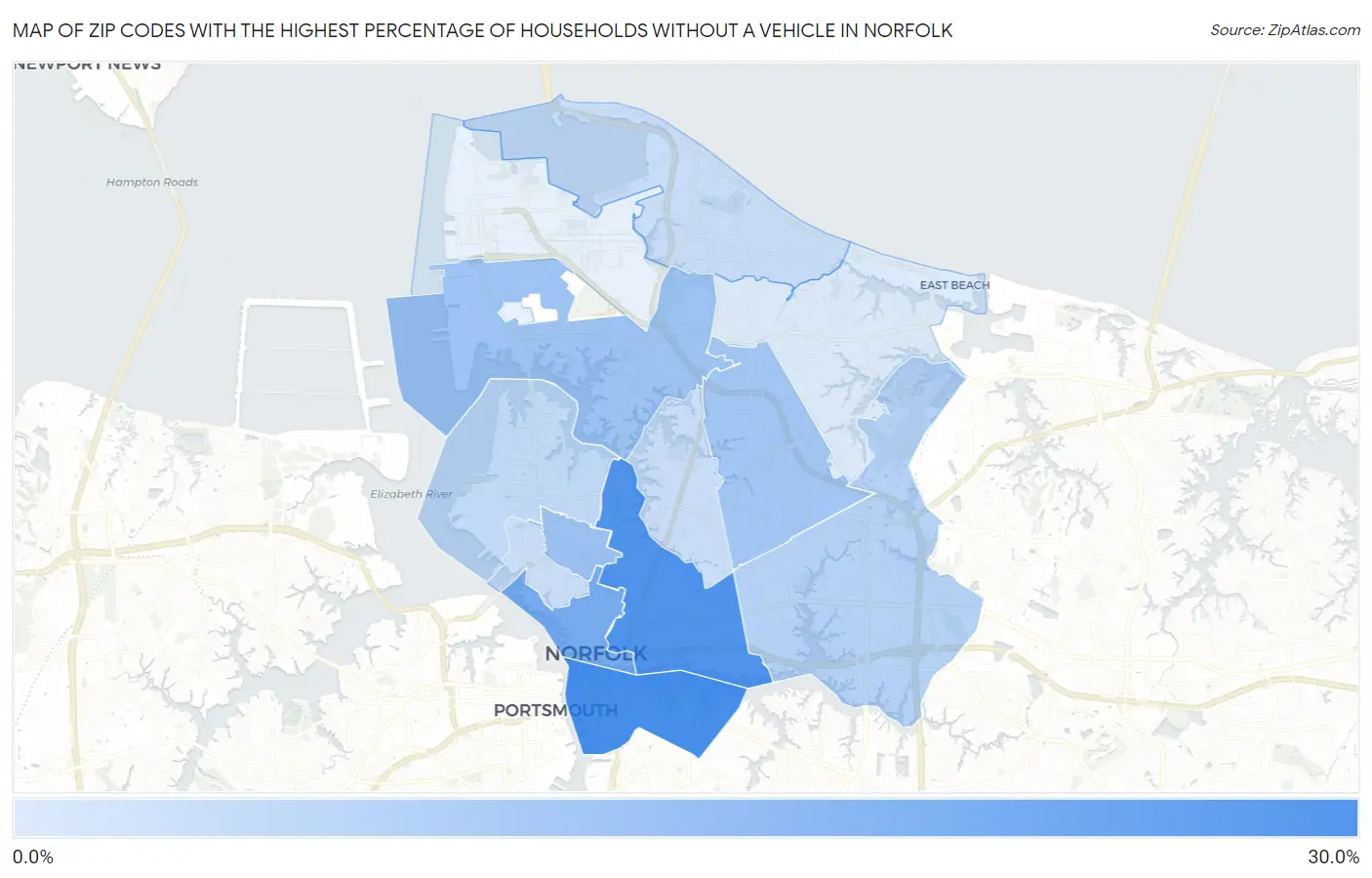 Zip Codes with the Highest Percentage of Households Without a Vehicle in Norfolk Map