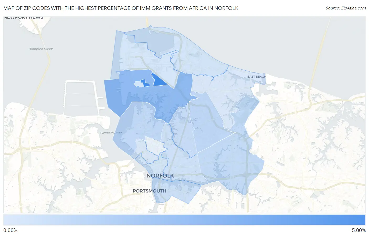 Zip Codes with the Highest Percentage of Immigrants from Africa in Norfolk Map