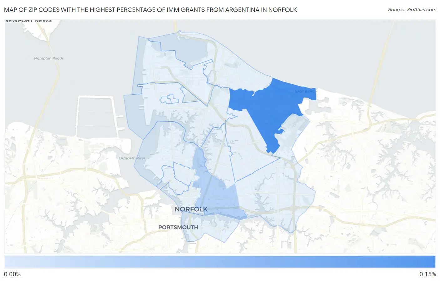 Zip Codes with the Highest Percentage of Immigrants from Argentina in Norfolk Map