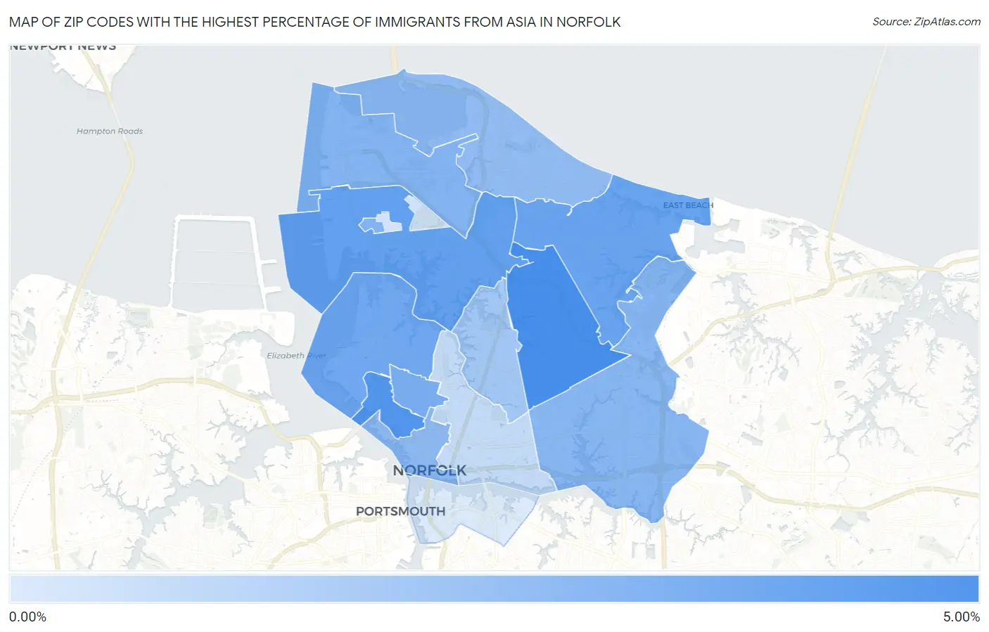 Zip Codes with the Highest Percentage of Immigrants from Asia in Norfolk Map