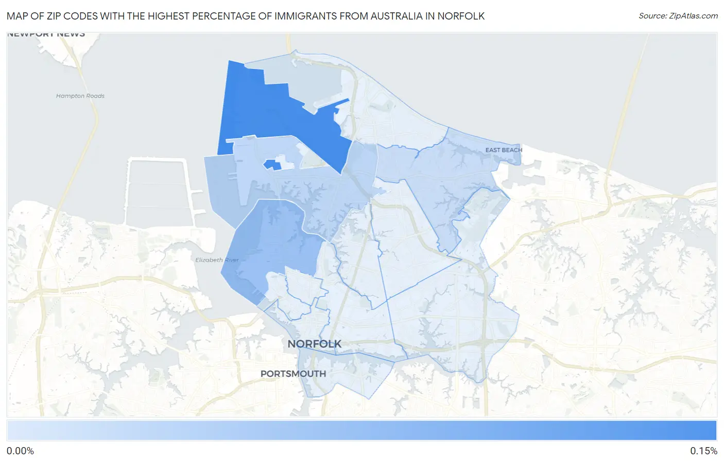 Zip Codes with the Highest Percentage of Immigrants from Australia in Norfolk Map