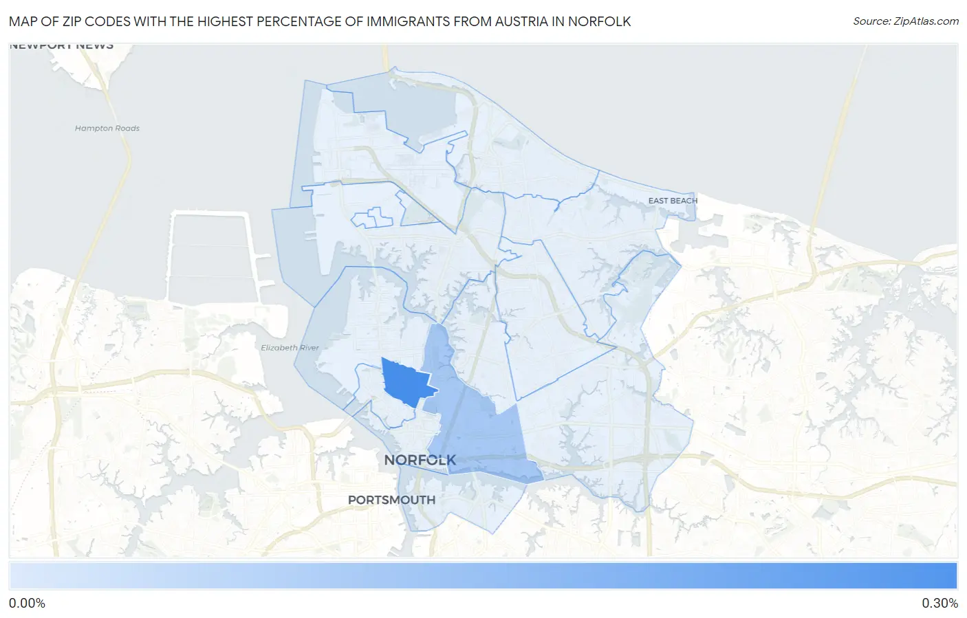 Zip Codes with the Highest Percentage of Immigrants from Austria in Norfolk Map