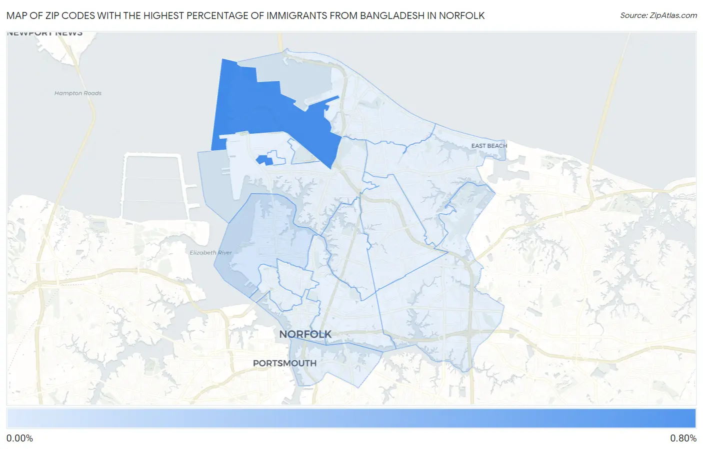 Zip Codes with the Highest Percentage of Immigrants from Bangladesh in Norfolk Map