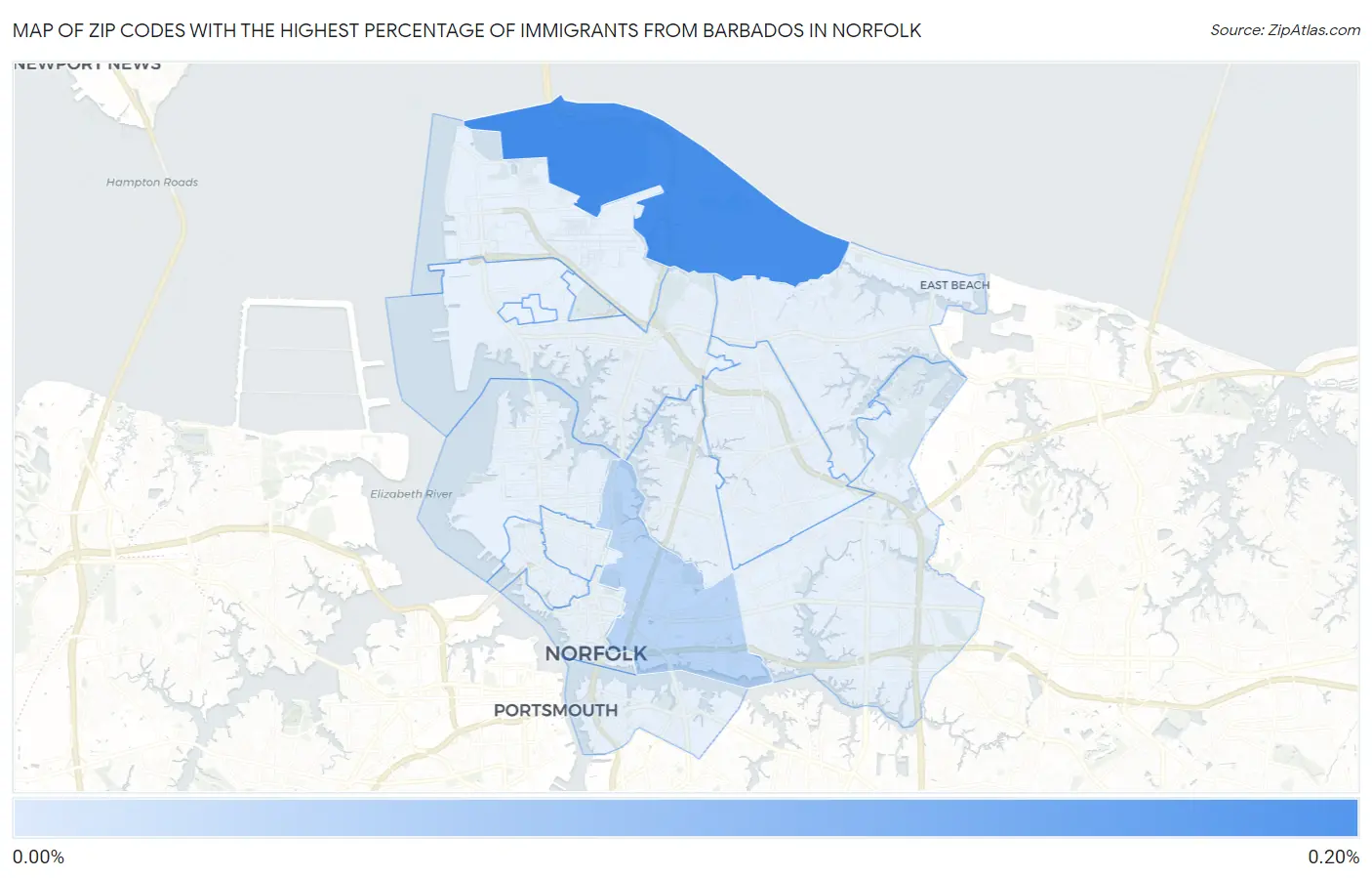 Zip Codes with the Highest Percentage of Immigrants from Barbados in Norfolk Map