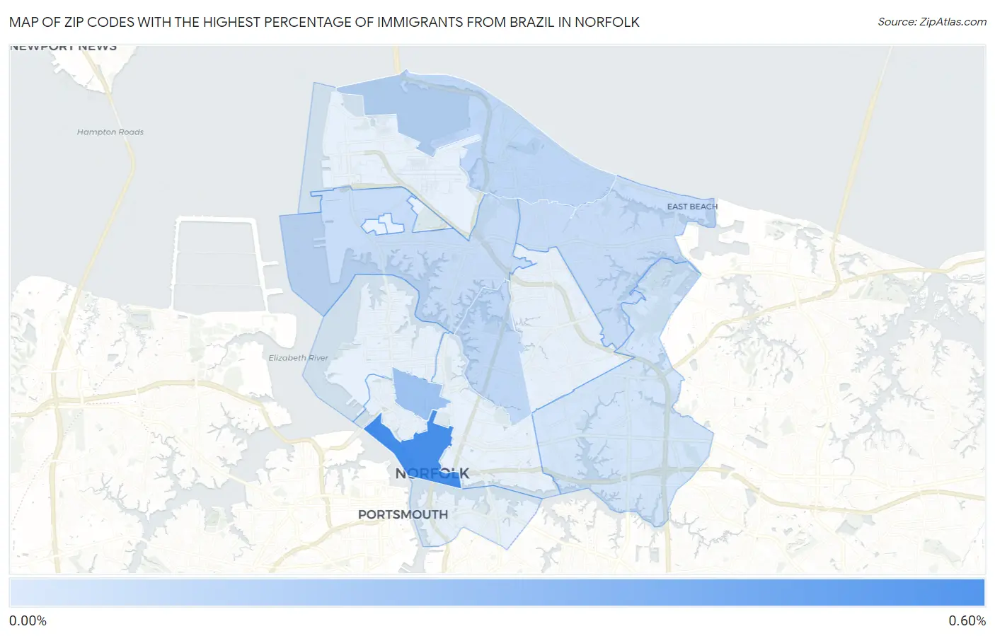Zip Codes with the Highest Percentage of Immigrants from Brazil in Norfolk Map