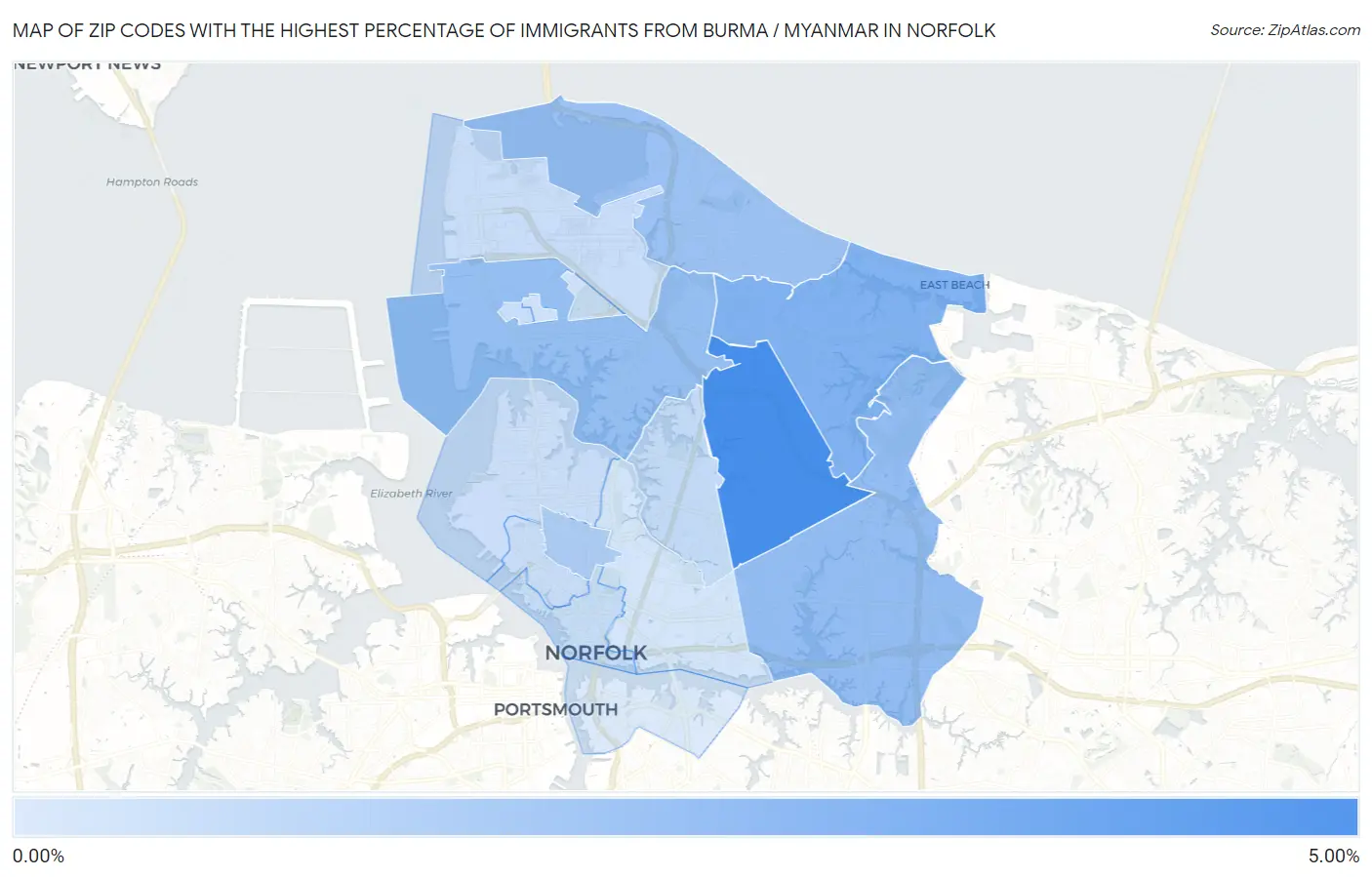 Zip Codes with the Highest Percentage of Immigrants from Burma / Myanmar in Norfolk Map