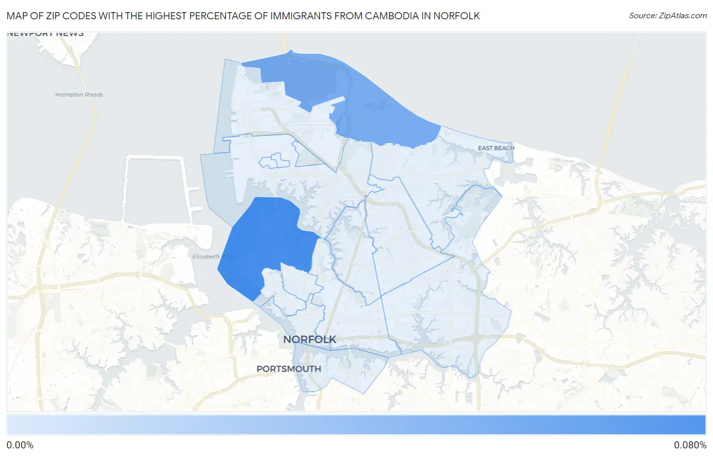 Zip Codes with the Highest Percentage of Immigrants from Cambodia in Norfolk Map