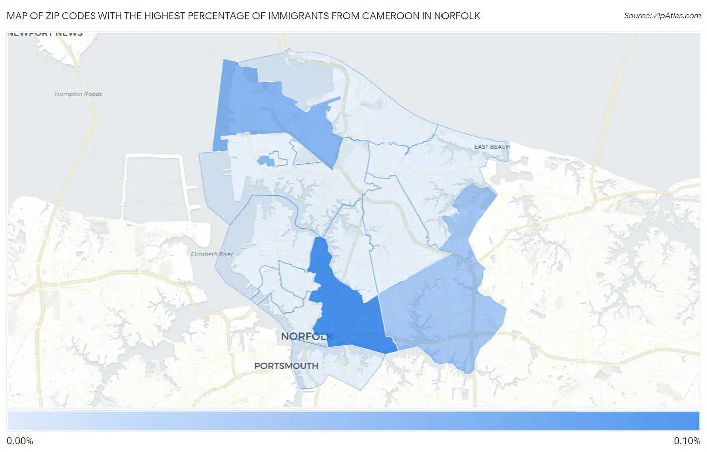 Zip Codes with the Highest Percentage of Immigrants from Cameroon in Norfolk Map