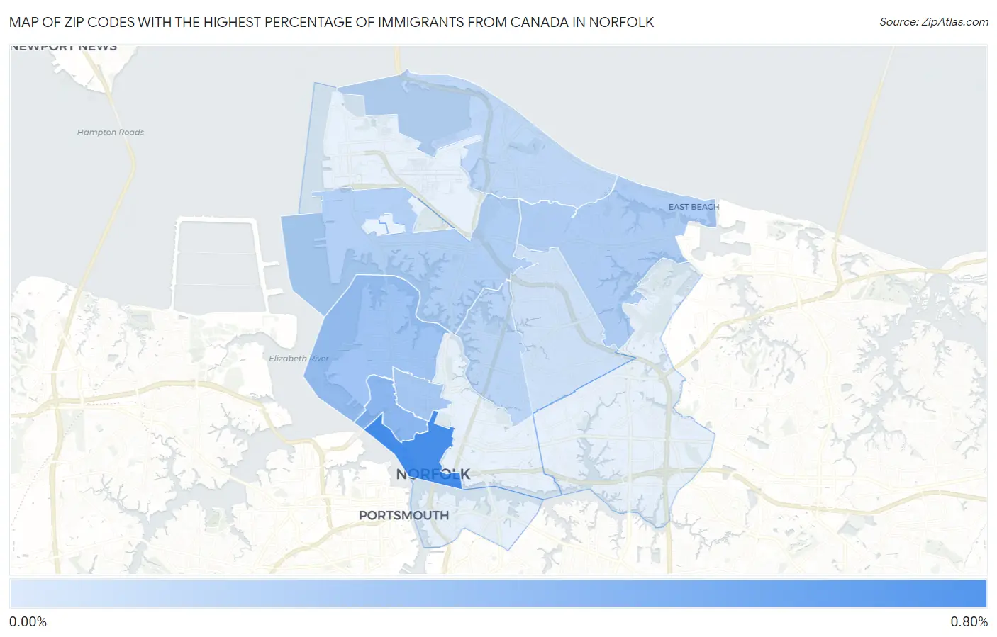 Zip Codes with the Highest Percentage of Immigrants from Canada in Norfolk Map