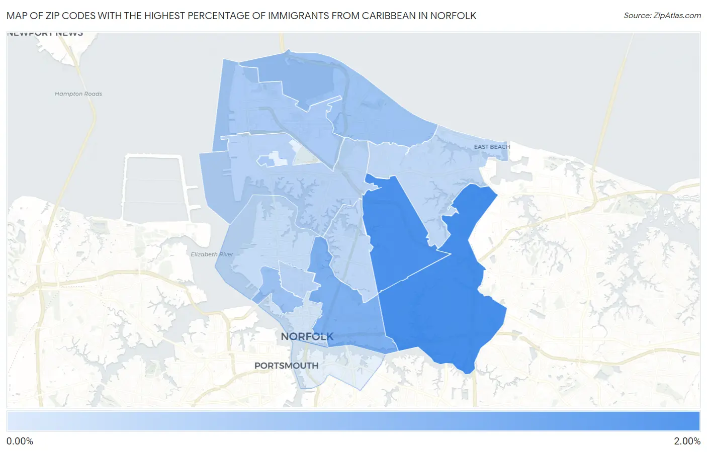 Zip Codes with the Highest Percentage of Immigrants from Caribbean in Norfolk Map