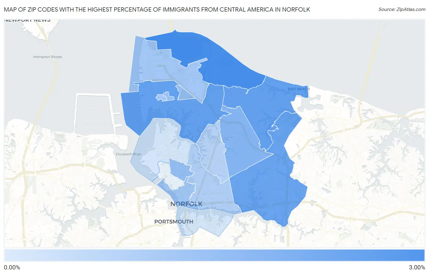 Zip Codes with the Highest Percentage of Immigrants from Central America in Norfolk Map
