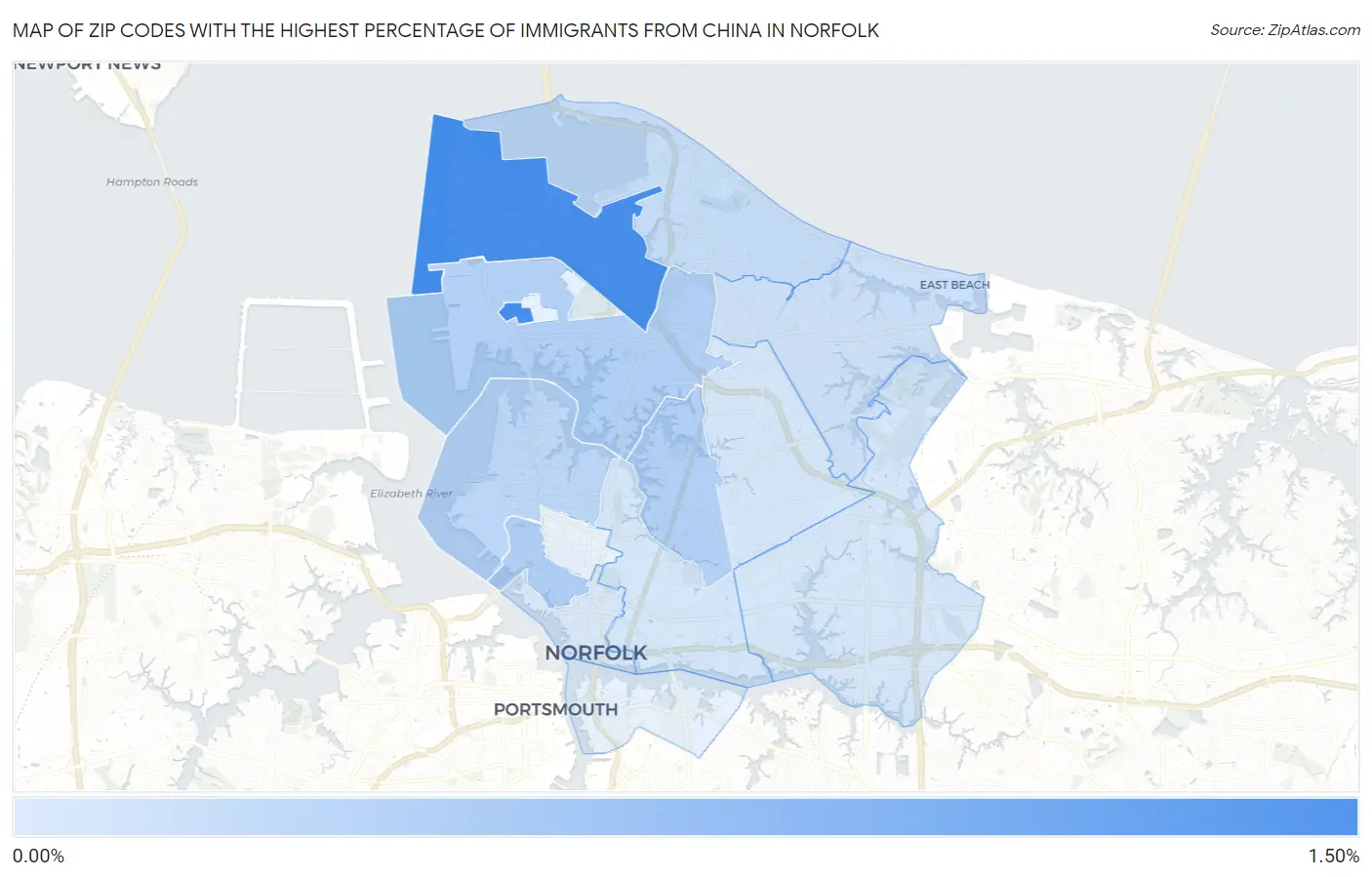 Zip Codes with the Highest Percentage of Immigrants from China in Norfolk Map
