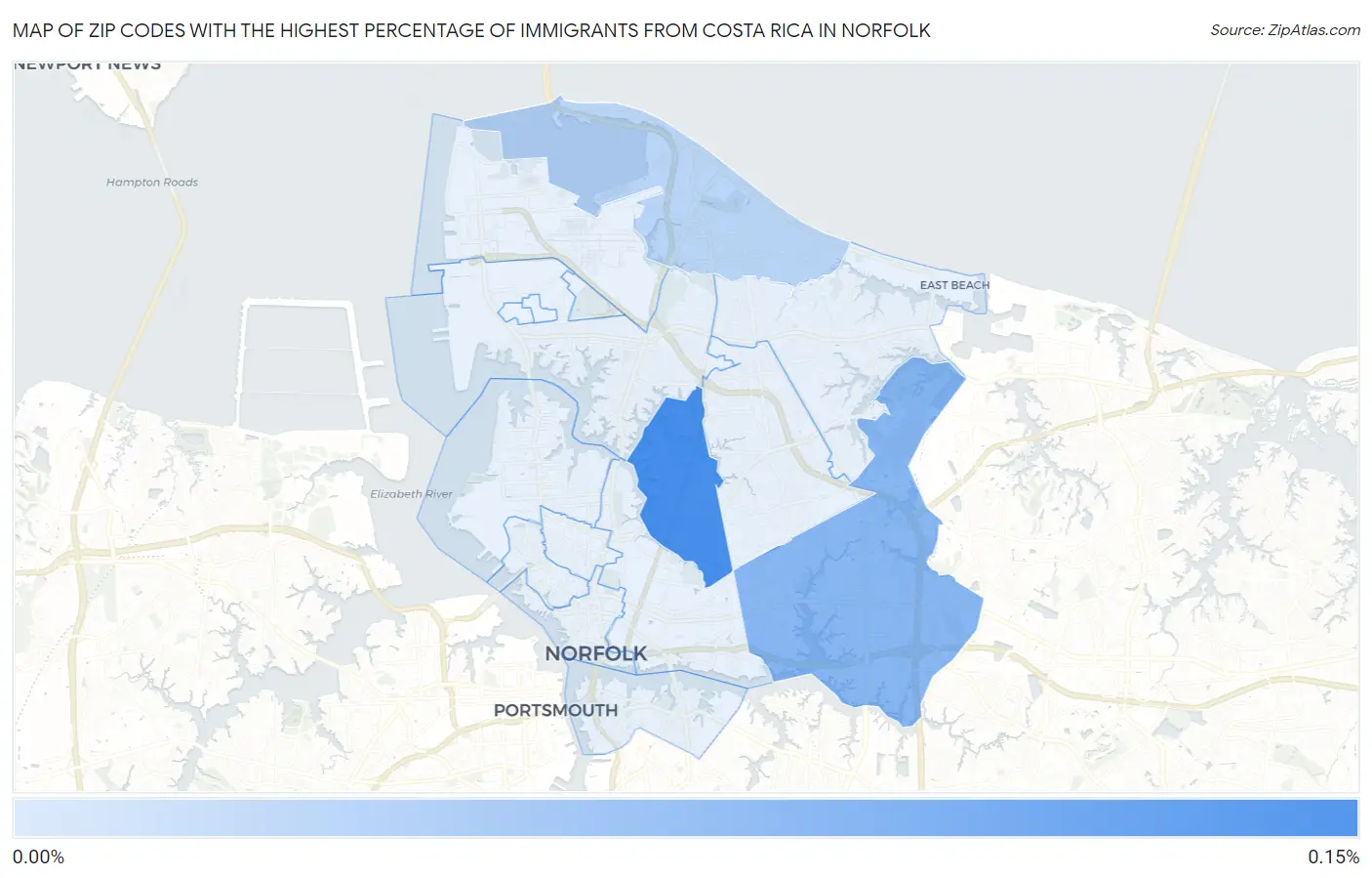 Zip Codes with the Highest Percentage of Immigrants from Costa Rica in Norfolk Map