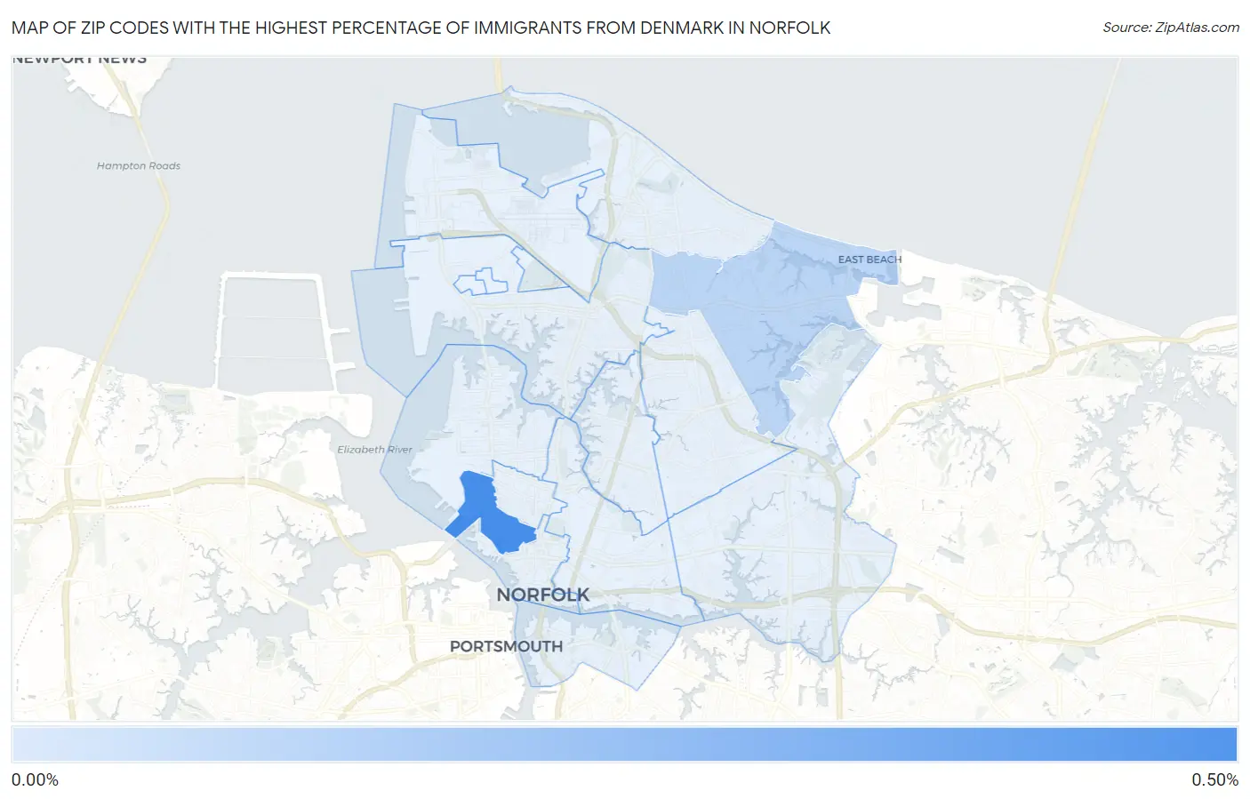 Zip Codes with the Highest Percentage of Immigrants from Denmark in Norfolk Map