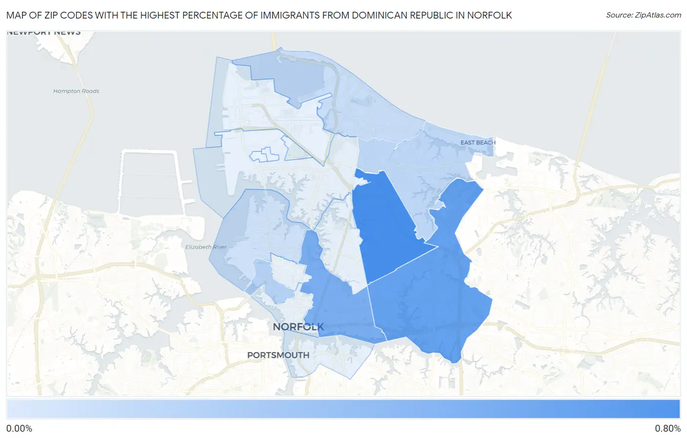 Zip Codes with the Highest Percentage of Immigrants from Dominican Republic in Norfolk Map