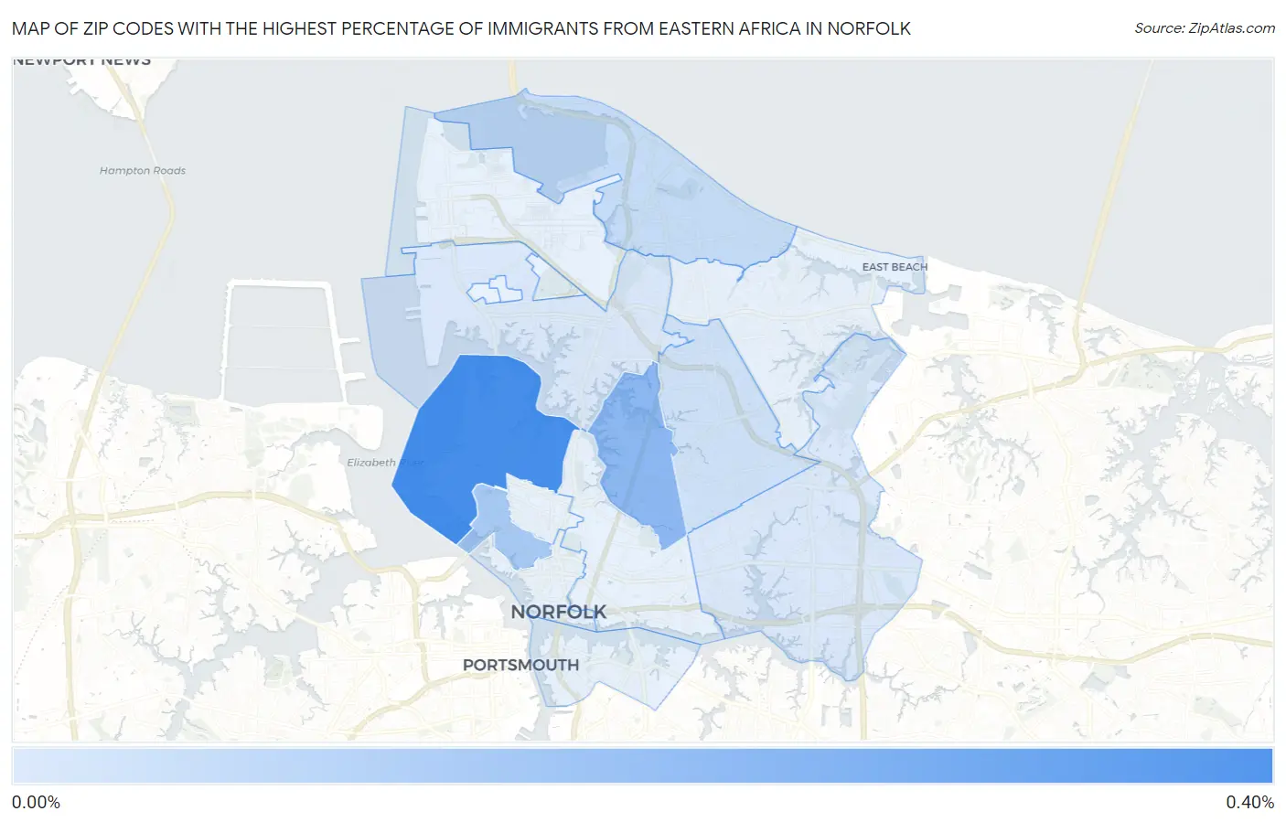 Zip Codes with the Highest Percentage of Immigrants from Eastern Africa in Norfolk Map