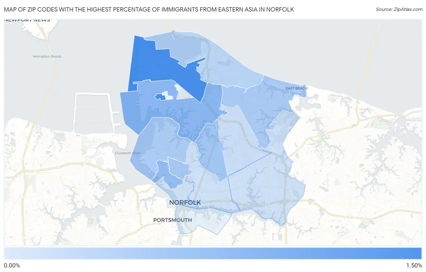 Zip Codes with the Highest Percentage of Immigrants from Eastern Asia in Norfolk Map