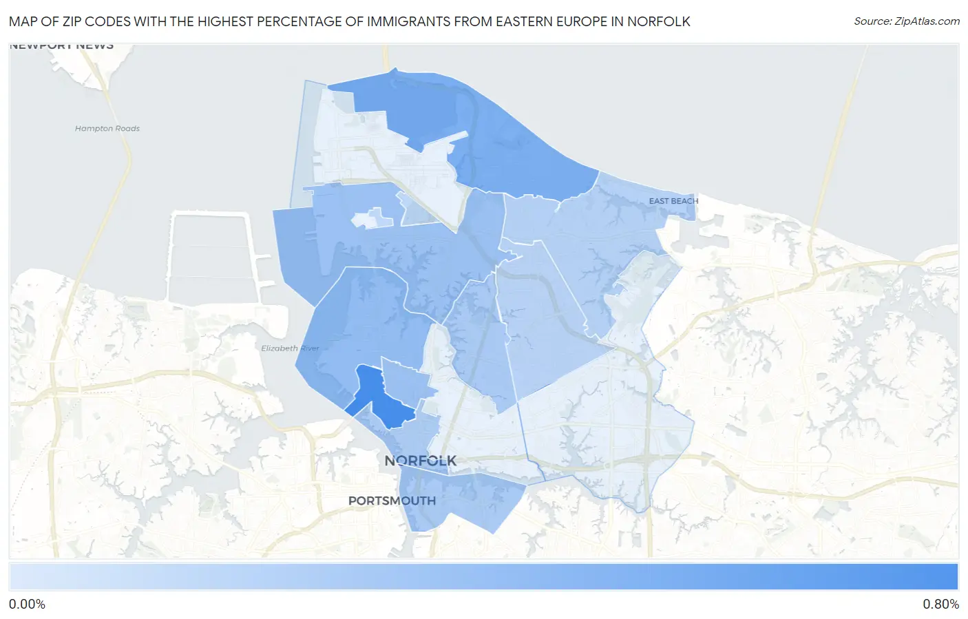 Zip Codes with the Highest Percentage of Immigrants from Eastern Europe in Norfolk Map