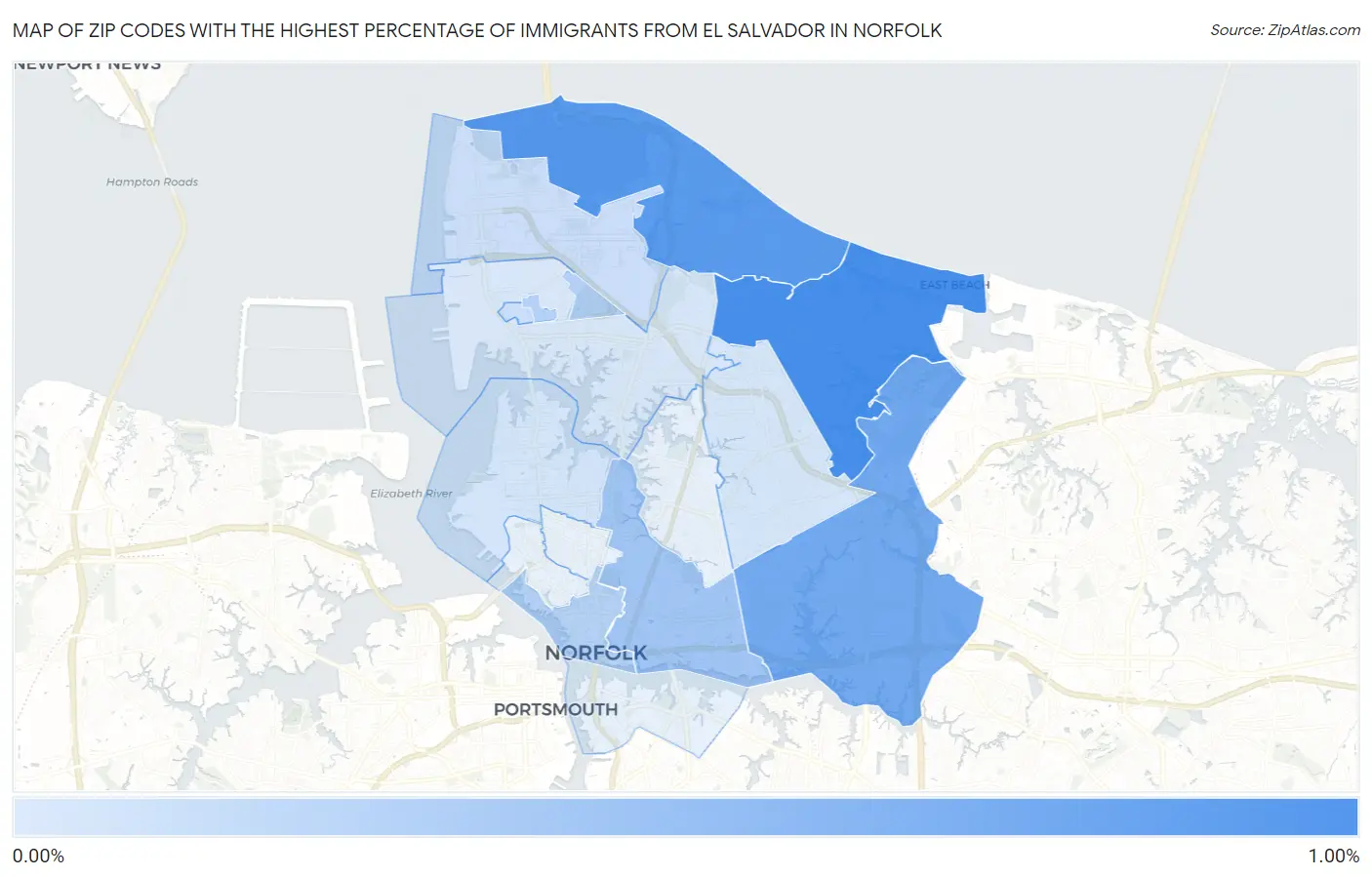 Zip Codes with the Highest Percentage of Immigrants from El Salvador in Norfolk Map
